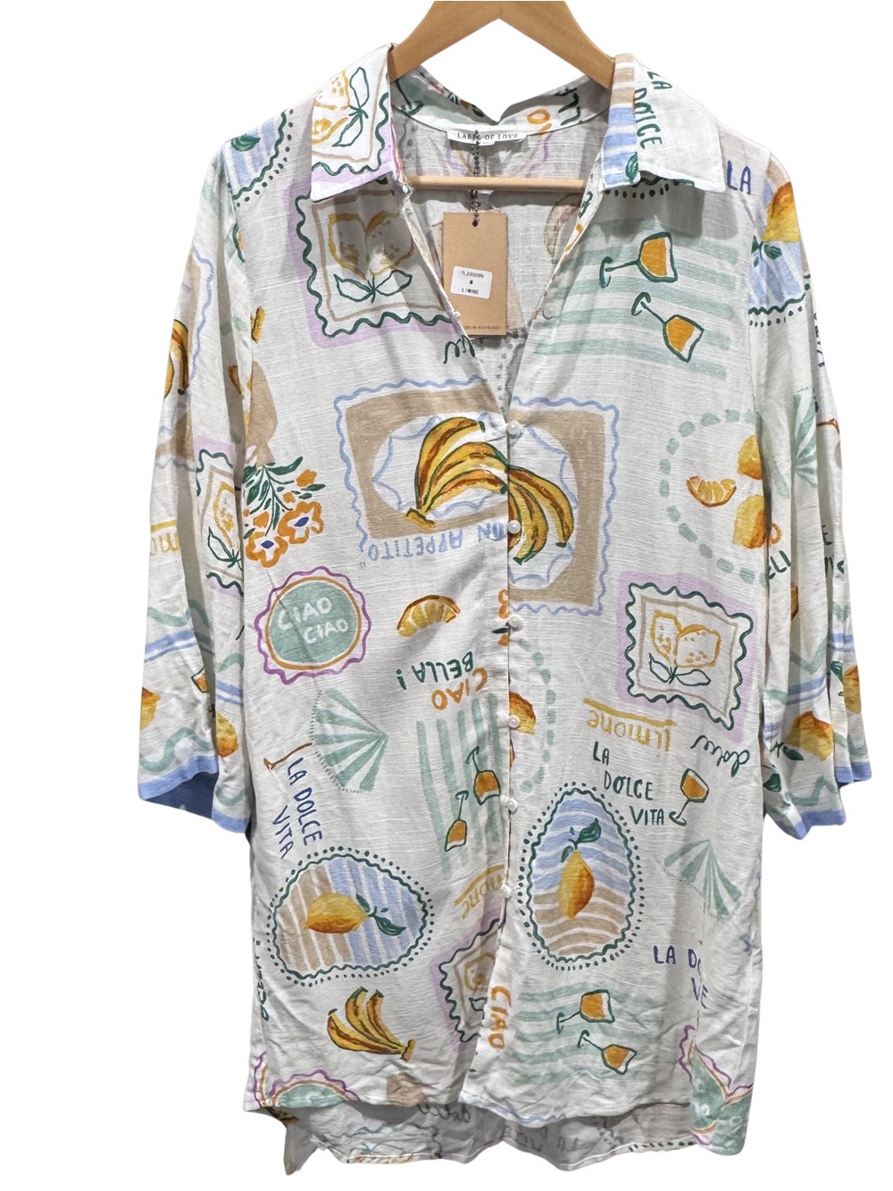 NWT Label of Love Limone Button Shirt M Linen Rayon La Dolce Vita Resort Top